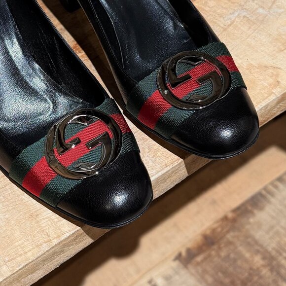 Gucci Black Leather Web Stripe Interlocking GG Pumps - Picture 4 of 13